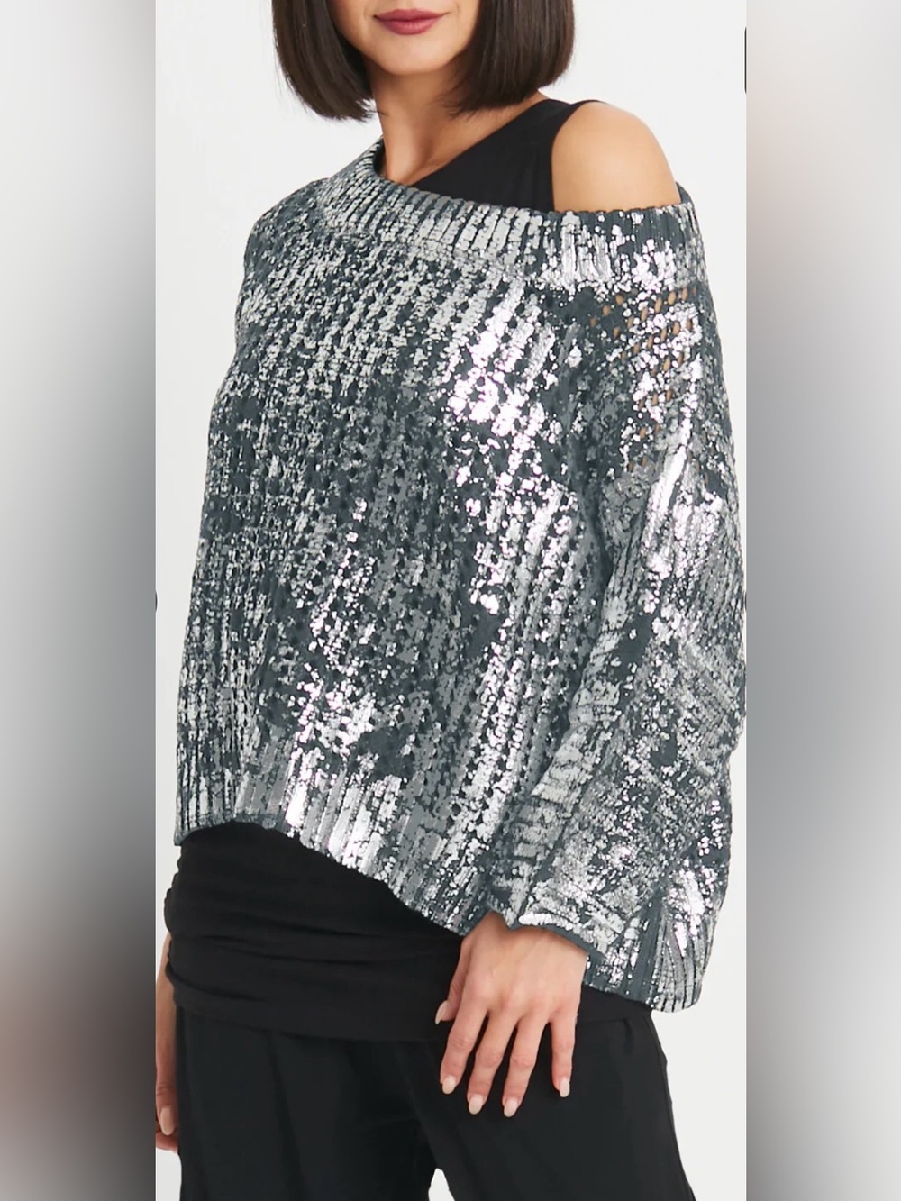 PLANET by LAUREN G. Crewneck Cropped Sweater 3/4 Sleeve Grey Metallic Painted OS